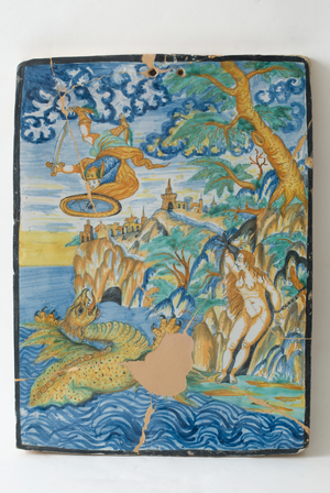 Perseus frees Andromeda, c.1500-1599 (painted majolica)