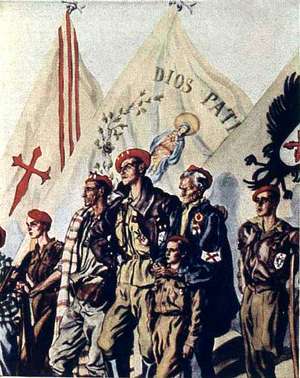 francoist propaganda poster : soldiers and flag "Dios y Patria (God and Country)", at the time of the Spanish civil war, c.1936