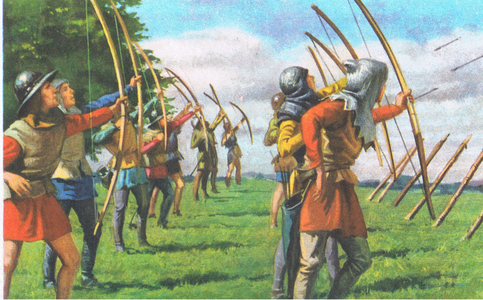The longbow archers of England, from Knowledge Magazine, 1963 (colour litho)
