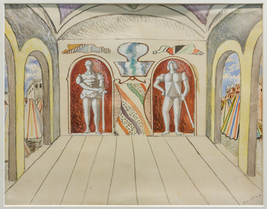 First act third scene for The Puritans by V. Bellini,1933 (pencil and watercoloured tempera on paper sticked on cardboard)