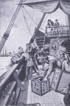 Citizens of Boston, disguised as Indians, fling the tea chests over board, illustration from My Magazine, 1925 (litho)