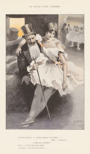 Count and a ballet dancer in an embrace (colour litho)