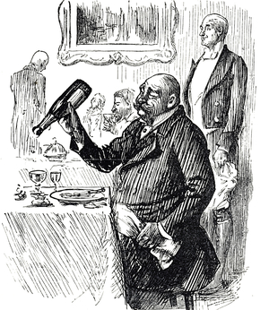 Cartoon depicting a wealthy man enjoying an indulgent meal, 19th century