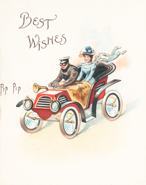 Lady and Gent racing in car, Christmas Card (chromolitho)