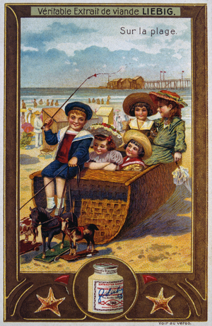 Leibig card depicting French children on the beach 1890