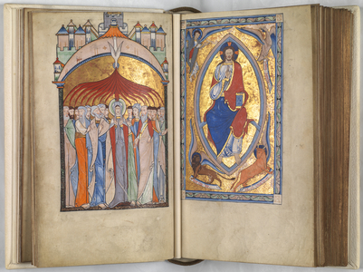 MS Hunter 229 ff.15v-16r Pentecost and Christ in Glory, from the Hunterian Psalter, c.1170 (pen & ink, and tempera on vellum)