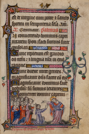 Bas-de-page scene of Christ healing the blind man before a group of people, with a caption reading, 'Cy donne ih[es]u al ho[m]me voegle la vewe'