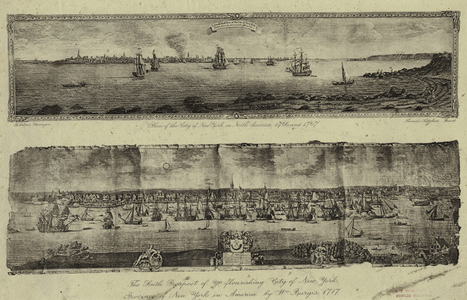 The South prospect of ye flourishing city of New York, Province of New York in America, from a 'Plan of the City of New York in North America', 1766 and 1767;  (litho)