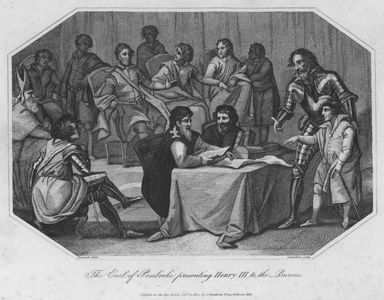The Earl of Pembroke presenting Henry III to the Barons (engraving)