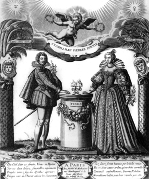 Wedding of Gaston d'Orleans (1608-1660) or Gaston de France, brother of Louis XIII with his 1st wife Marie de Bourbon, duchess of Montpensier in 1626, engraving