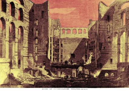 Ruins after fire at Covent Garden, London in 1856 (engraving)