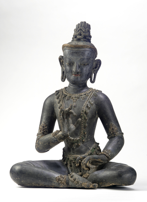 Nepalese-Chinese-style bodhisattva (lacquer, cloth, traces of blue, gold, and green paint & gold leaf)