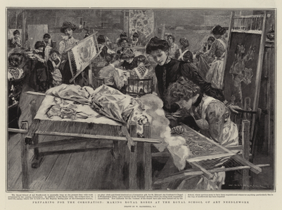 Preparing for the Coronation, making Royal Robes at the Royal School of Art Needlework (litho)