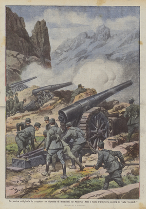 Our artillery detonates an ammunition depot on Anderter Alpe and beats the artillery  (colour litho)