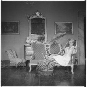 Caresse Crosby, portrait of American patron of the arts and inventer of first patented brassiere, in Castello di Rocca Sinibalda, Italy, mid 1950's (b/w photo)
