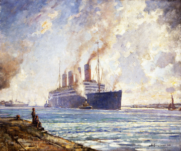 The Aquitania coming up Southampton Water, 1930 (oil on canvas)