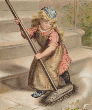 Girl sweeping with a broom (chromolitho)