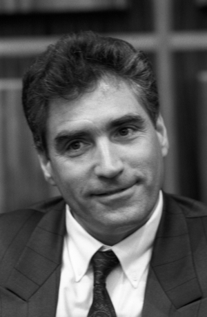 Prime Minister Petre Roman (head of government of Romania 1989-1991) during a press conference..., 1990 (photo)