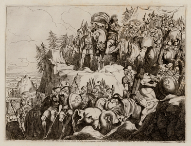 Hannibal crossing the Alps into Italy, 218 BC (etching)