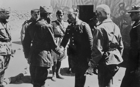 Rommel greets Italian officers, 1942, (b/w photo)