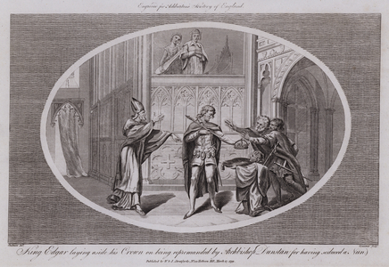 King Edgar laying aside his Crown on being reprimanded by Archbishop Dunstan for having seduced a Nun (engraving)