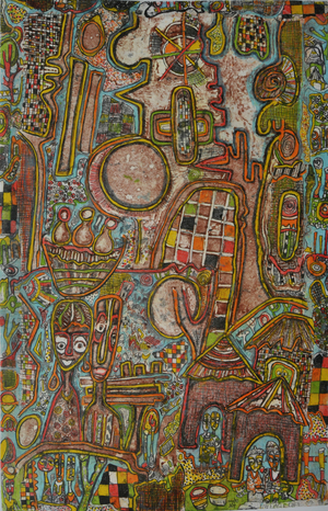 Village life, 2013 (pencil, paper, screening technique, paint)