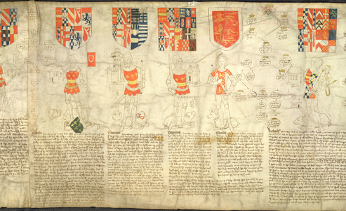 (Figures from left to right): Fig.46: Guy Beauchamp, Earl of Warwick. He holds the Priory of Westacre, co. Norfolk, ... benefactor ... he built the gatehouse. He holds a banner of the arms of Baliol. At his feet lies Piers Gaveston, who he captured and had executed. Fig.47: Thomas Beauchamp, Earl of Warwick, one of the founders of the order of the bath of the garter, and Marshal of England. At his feet is a muzzled bear, alluding to a son of the moarch of the Lithuanians, whom he took in war, and brought to London, and christened after himself, Thomas. Fig.48: Thomas Beauchamp, Earl of Warwick, K.G. Fig.49: Thomas Holland, Dulke of Surrey, K.G. Marshal of England. Fig.50: Richard Beauchamp, Earl of Warwick, K.G. Protector of the young King Henry VI.
