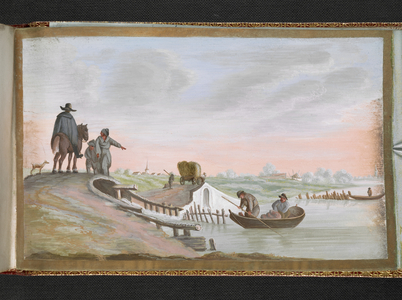 Egerton 1606, f.115Labourers in a boat.Album of Christoff Laurentz Wiesner, containing autograph inscriptions of various persons collected at Ulm, Jena, Erlangen, Nuremberg, Stuttgart, Leipsic, Berlin, etc .,1779-1803