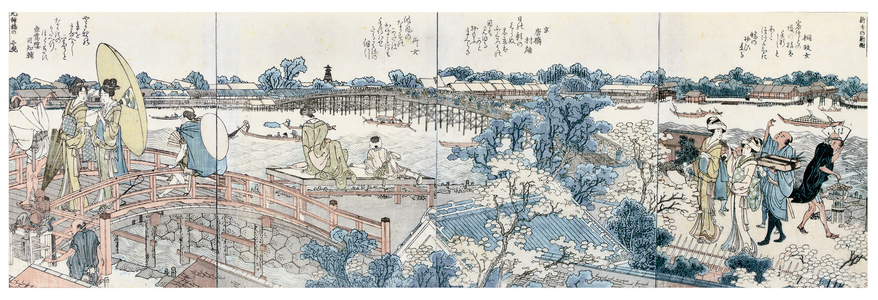 Bookplates of landscape scenes from the Ehon Sumidagawa Ryogan Ichiran (colour woodblock print)