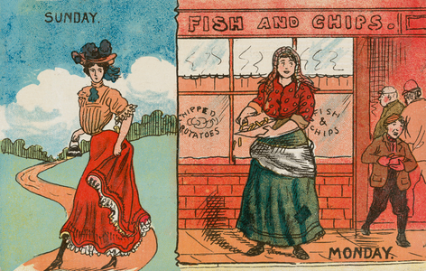 Young woman, in Sunday best and back to work on Monday (colour litho)