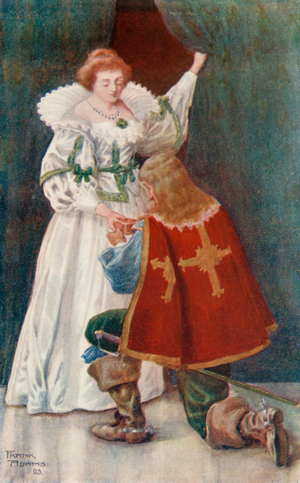 "Buckingham took the casket and again fell on his knees" (colour litho)