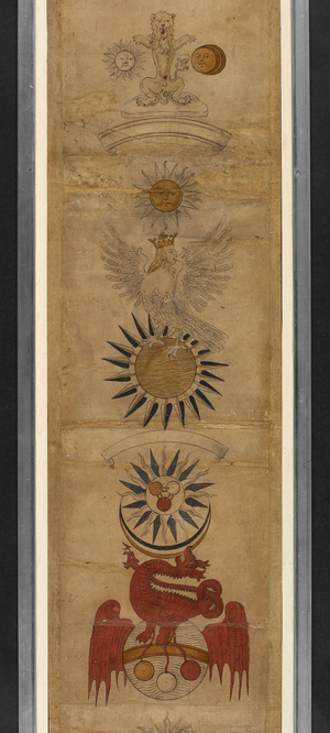 Add 5025 (1) A crowned female Bird of Hermes, biting on her left wing, and standing on the Sun, Third Section of the 'Ripley Scrolls' (ink & w/c on vellum)