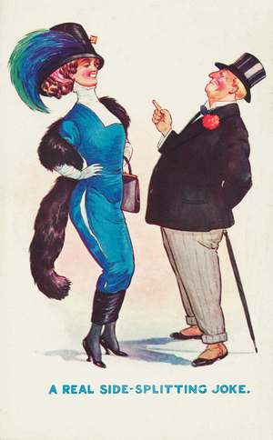 Fashion victim: the side of a woman's tight dress splitting as a man tells her a joke (colour litho)