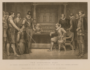 The Gunpowder Plot; Guy Fawkes interrogated by King James I and his council in the King's bedchamber, Whitehall (engraving)