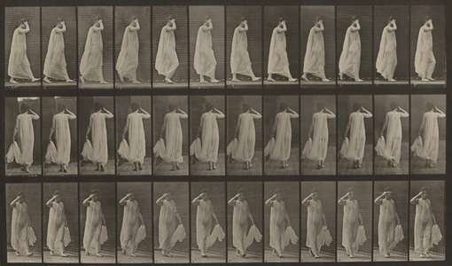Plate Number 37. Walking; left hand holding dress, right hand at face,1887 (photo)