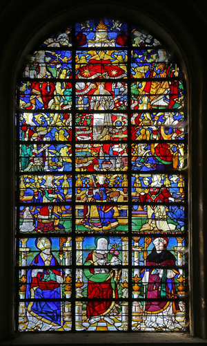 Window w32 depicting the Litany of the Virgin and St Lubin, St John the Baptist and St Maur (stained glass)