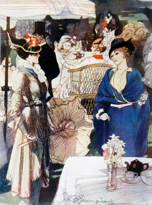 Afternoon tea in Kensington Gardens, London, England, in the early years of the 20th century.  After a drawing by Blampied.  From  La Esfera, 1914.