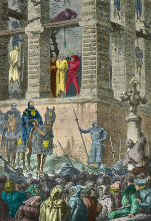 Enguerrand de Marigny is executed on the gallows at Montfaucon in 1315 (Engraving)