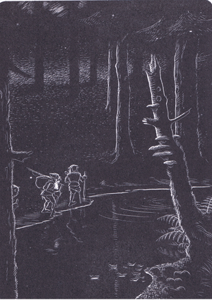 Dodder, Baldmoney and Sneezewort exploring Crow Wood, illustration from Little Grey Men published by Methuen, 1974 (litho)