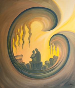 Christ gladly comes to us in prayer to help us unclutter our souls of sin and resentment. He wants us to trust him and not to worry, 2000 (oil on board)