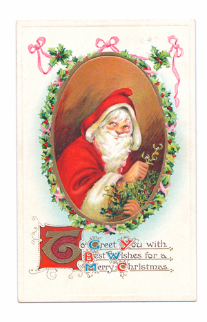 Edwardian Christmas postcard of Father Christmas holding sprigs of holly, c.1910 (colour litho)