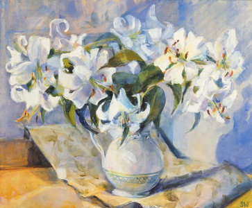Lilies in white jug, 2000 (oil on canvas)