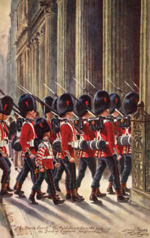 Coldstream Guards entering the Bank of England for guard duty (colour litho)