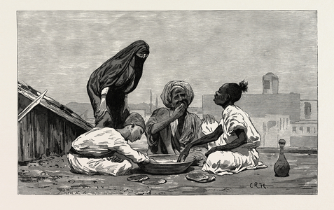 Fellaheen at Meals. Egypt, Engraving 1879