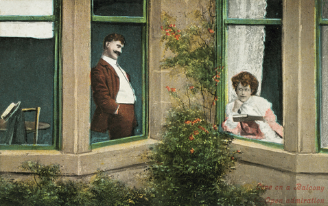 Love on a balcony: open admiration (coloured photo)