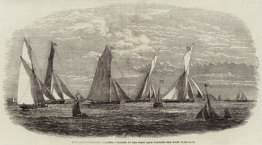 The Dublin Harbour Regatta, Yachts in the First Race winding the First Flag-Boat (engraving)