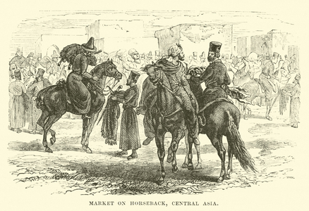 Market on horseback, Central Asia (engraving)