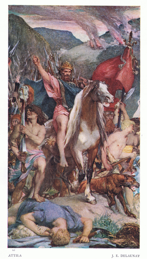Attila on the march to Paris, from The Gresham Publishing Company Ltd, 1920 (colour litho)