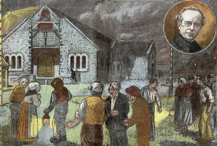 Burglars who entered the sacristy of the Basilica of Saint Therese in Keryado (Morbihan) at night and wanted to turn on the electricite they also deterred while at the call of the bell ran Mr. Rector (in medallion) his vicar and the entire population drawing of Gignoux Extracted from the newspaper Le Pelerin of 12 September 1934