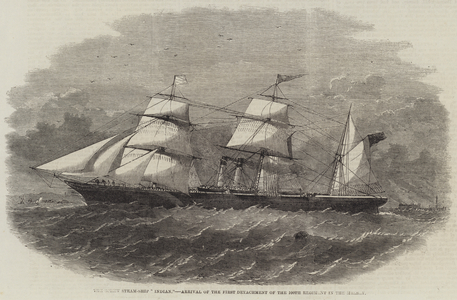 The Screw Steam-Ship "Indian," Arrival of the First Detachment of the 100th Regiment in the Mersey (engraving)